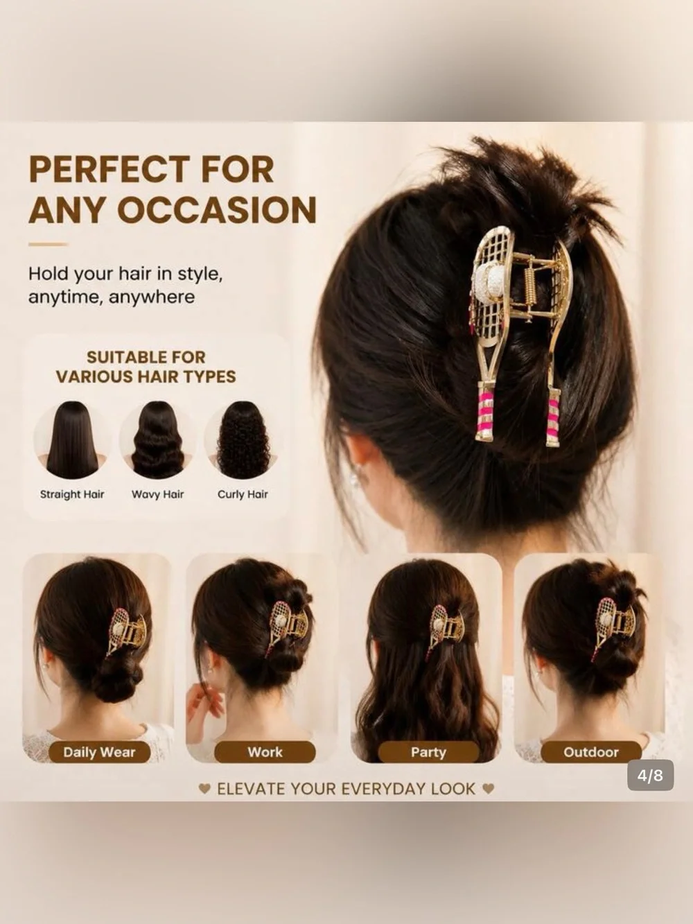 Pickleball Hair Claw Clip Barrette gold metal tennis racket jewerly ball gift